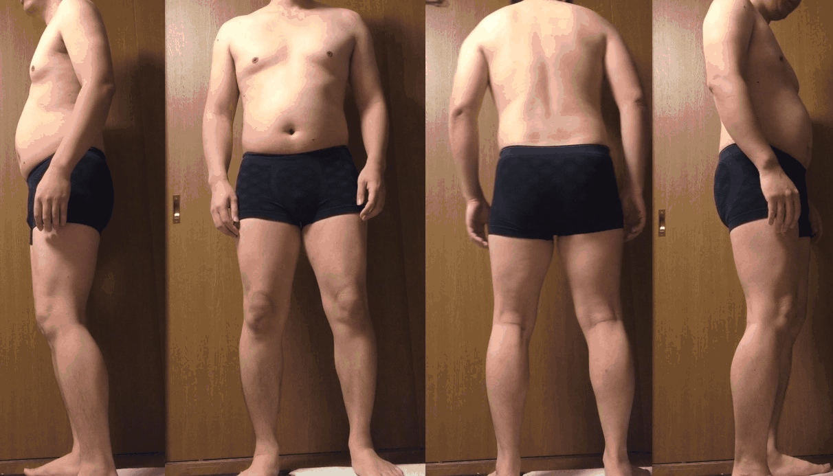 パンプマッスルビルダーTシャツを着たビフォーアフターの写真