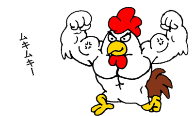鶏の腕が力こぶでムキムキのイラスト